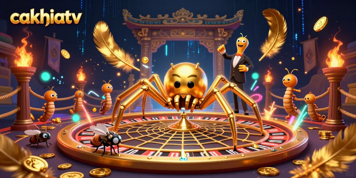 Experience intense gameplay with cakhiatv as the golden spider spins the roulette wheel web in a colorful casino scene.
