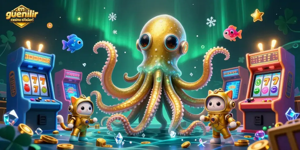 Experience en güvenilir casino siteleri with a colorful, energetic scene featuring a kraken, diving cat, and gaming elements.
