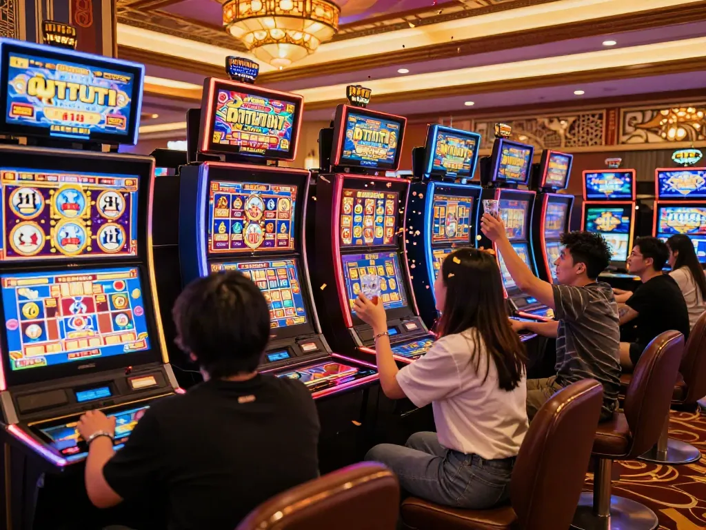 Permainan slot777 di kasino Asia dengan pemain merayakan kemenangan besar
