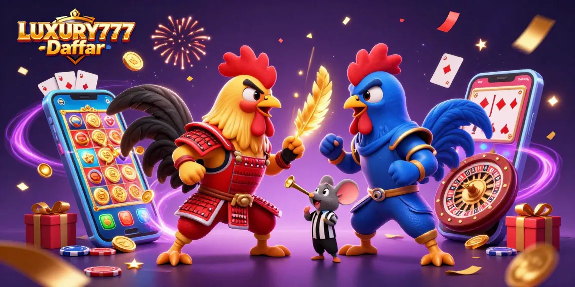 Perang ayam luar biasa di LUXURY777 Daftar, pertarungan epik antara samurai dan ninja dengan simbol keberuntungan.