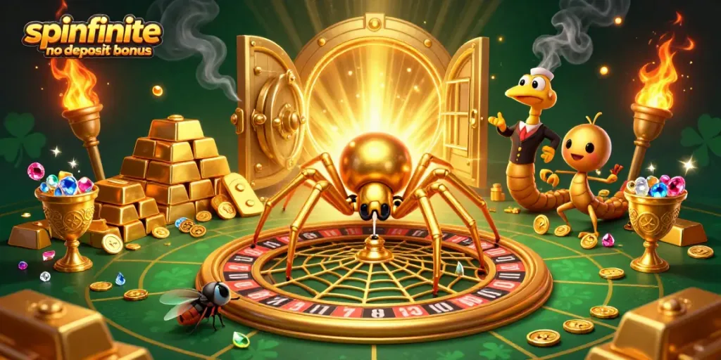 Spinfinite no deposit bonus overview with vibrant 3D casino theme and engaging characters.