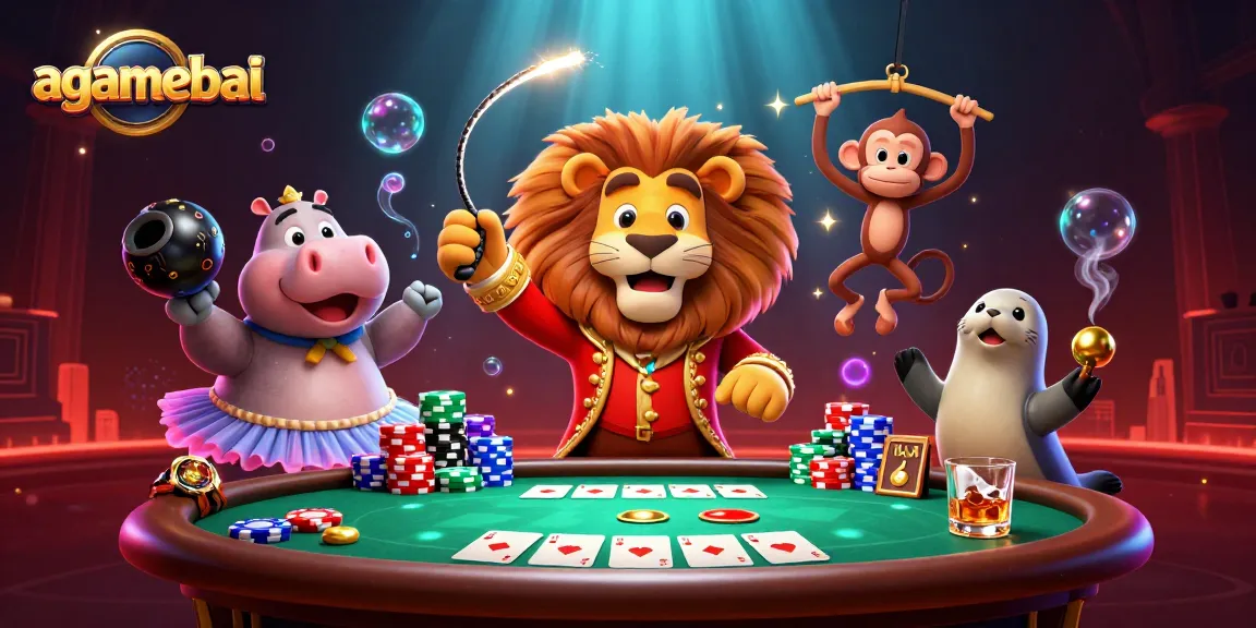 Experience thrilling gaming with agamebai's festive circus scene featuring card games and extravagant characters.