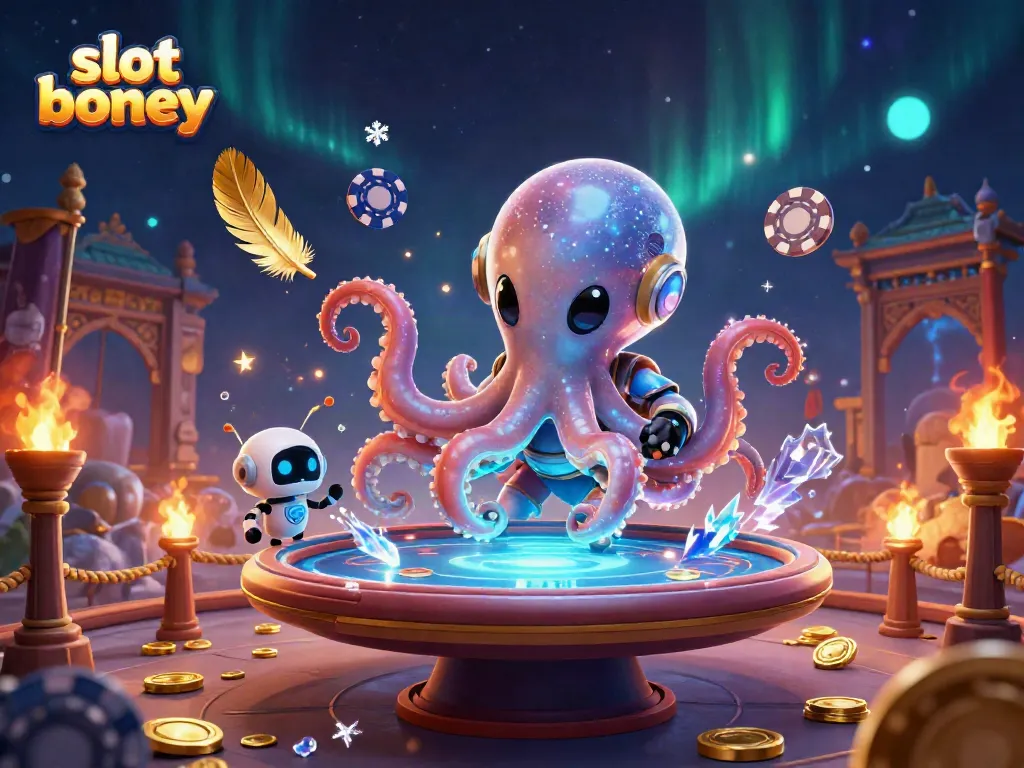 Experience the thrill of slot bonuses with an alien octopus at a cosmic poker table.
