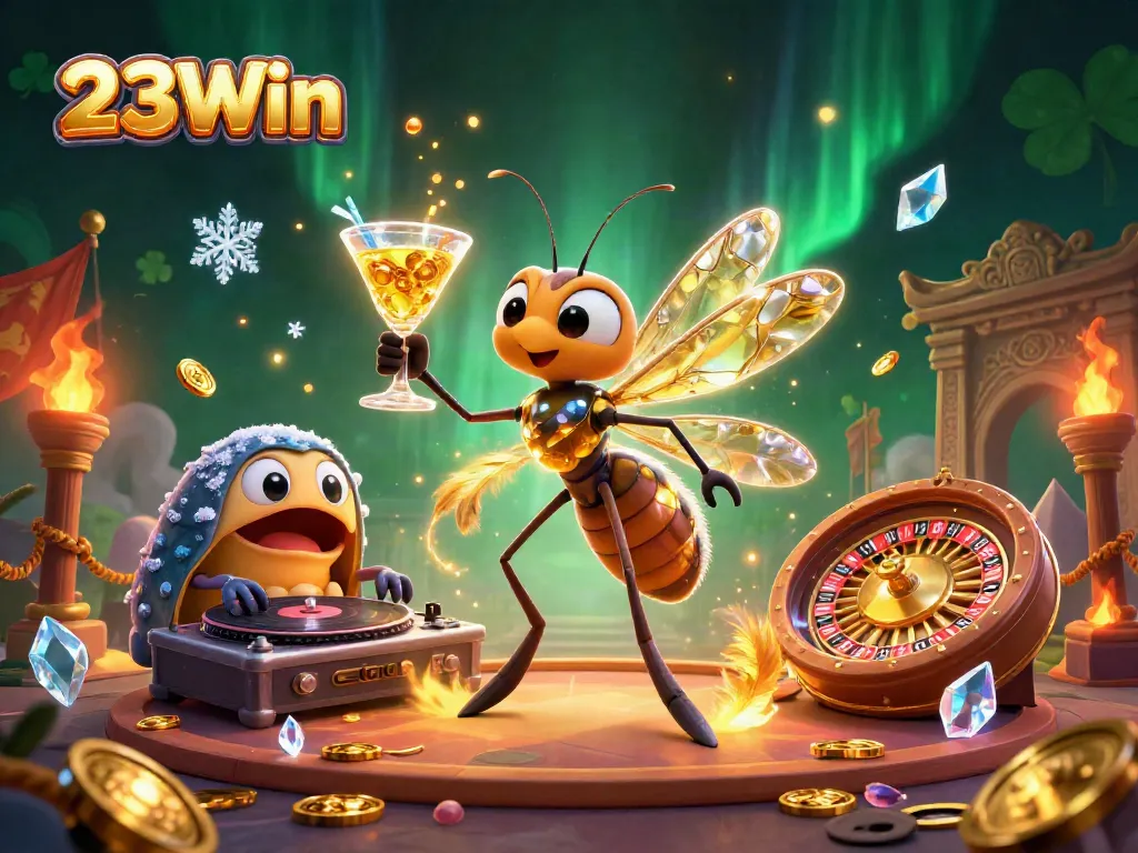 Experience the thrill of 23Win with a colorful casino scene featuring vibrant characters and action-packed elements.
