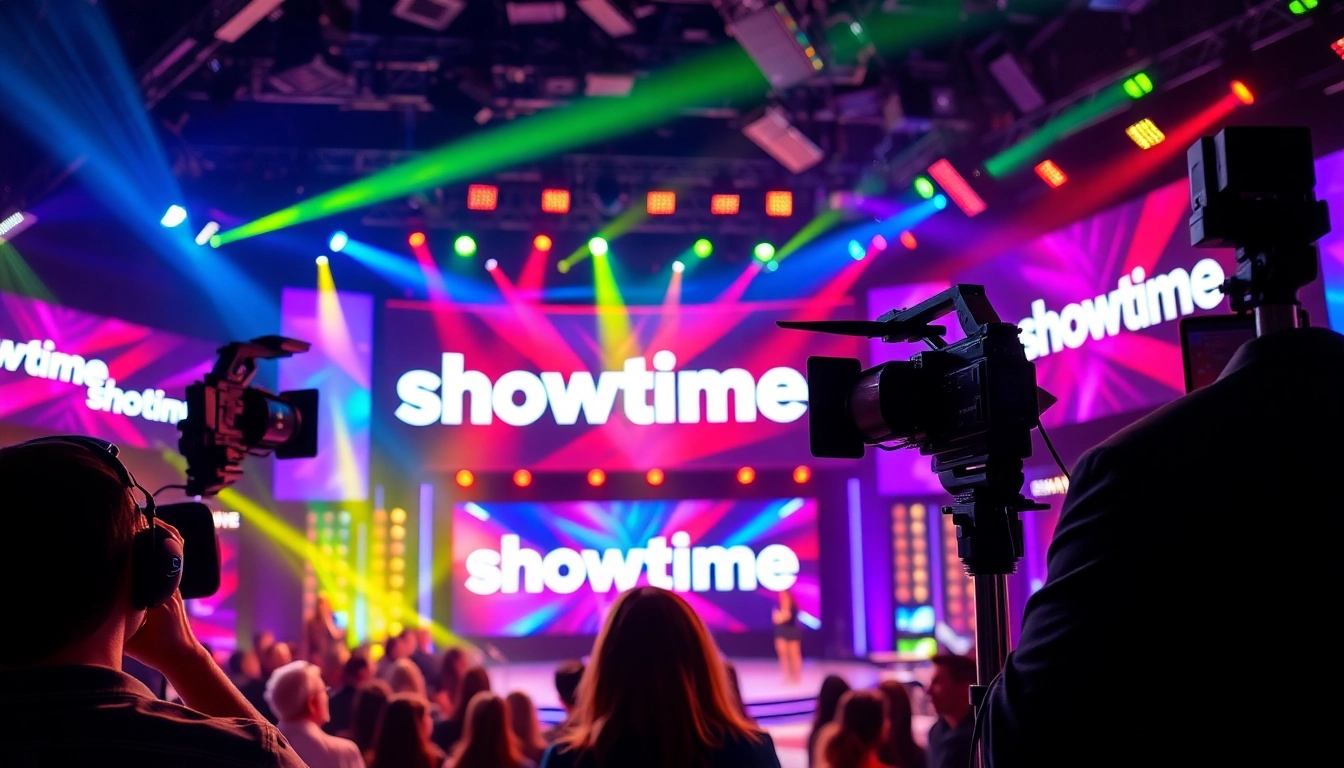 Prezentare de televiziune showtime cu un prezentator și echipament profesionist în fundal.