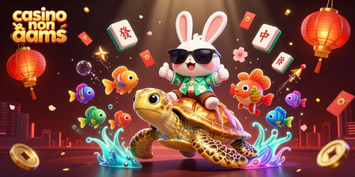 I migliori giochi da casino non AAMS presentano un coniglio fortunato e una tartaruga dorata in un'illustrazione festosa.