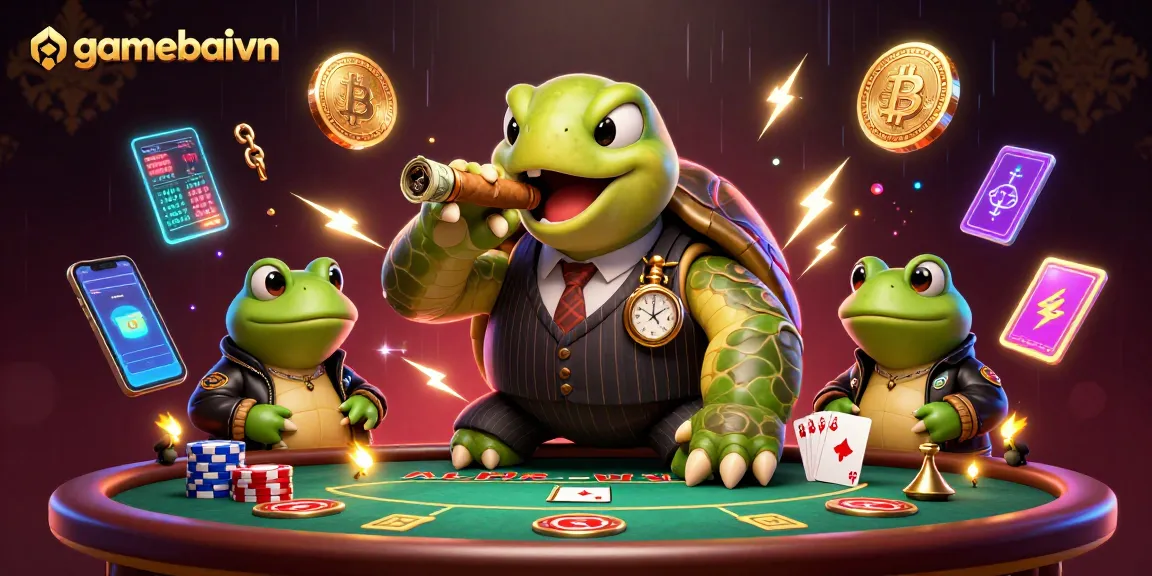 Experience the thrill of poker with gamebaivn as a snapping turtle and bullfrogs strategize in a dynamic casino scene.
