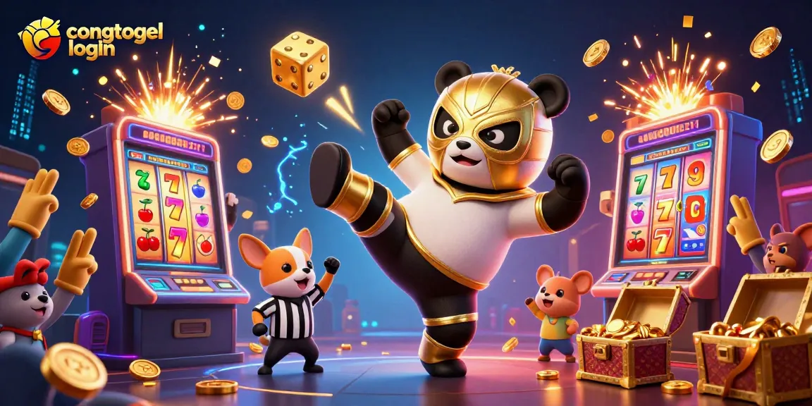 Kick-start your winning with congtogel login, featuring a panda wrestler and exciting casino symbols.