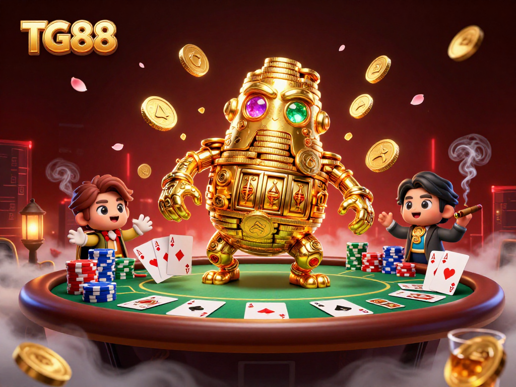 Experience the thrill of winning at TG88 with a vibrant casino scene rich in golden coins and poker cards.