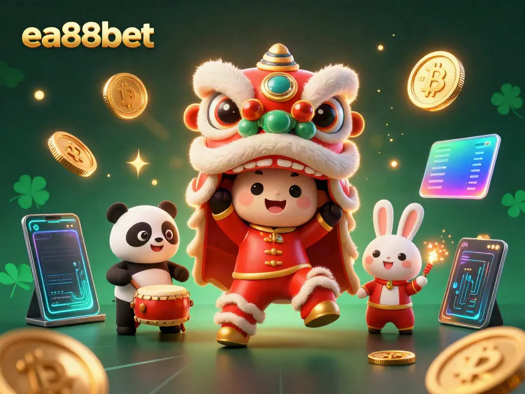 Experience exhilarating gameplay with ea88bet in a vibrant, festive scene featuring a lion dance and crypto elements.