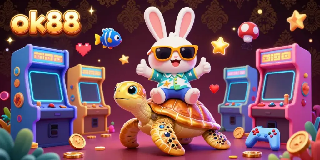 Play exciting games at ok88 with this vibrant illustration featuring lucky characters and casino elements.