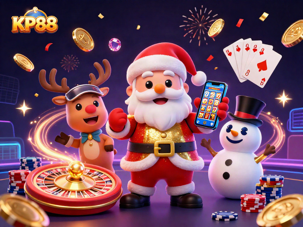 Join KP88's festive scene with Santa, reindeer, and snowman celebrating jackpot wins!