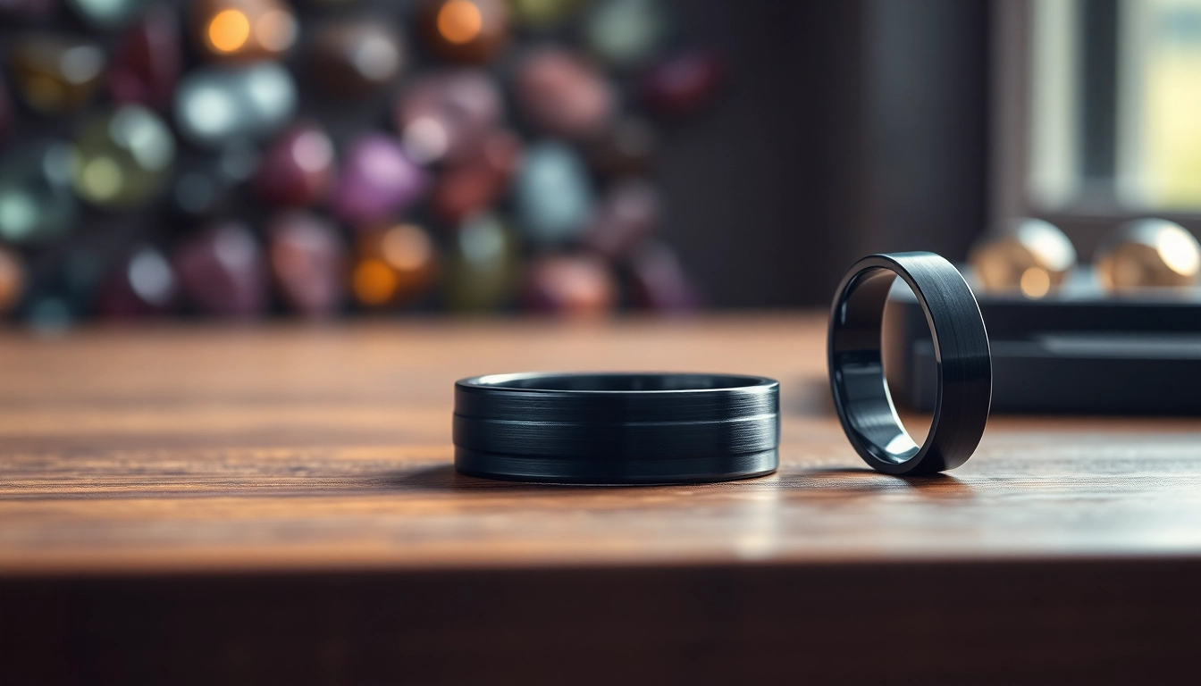 Elegant Black Zirconium Rings showcased on polished wood, highlighting their unique finishes and craftsmanship.