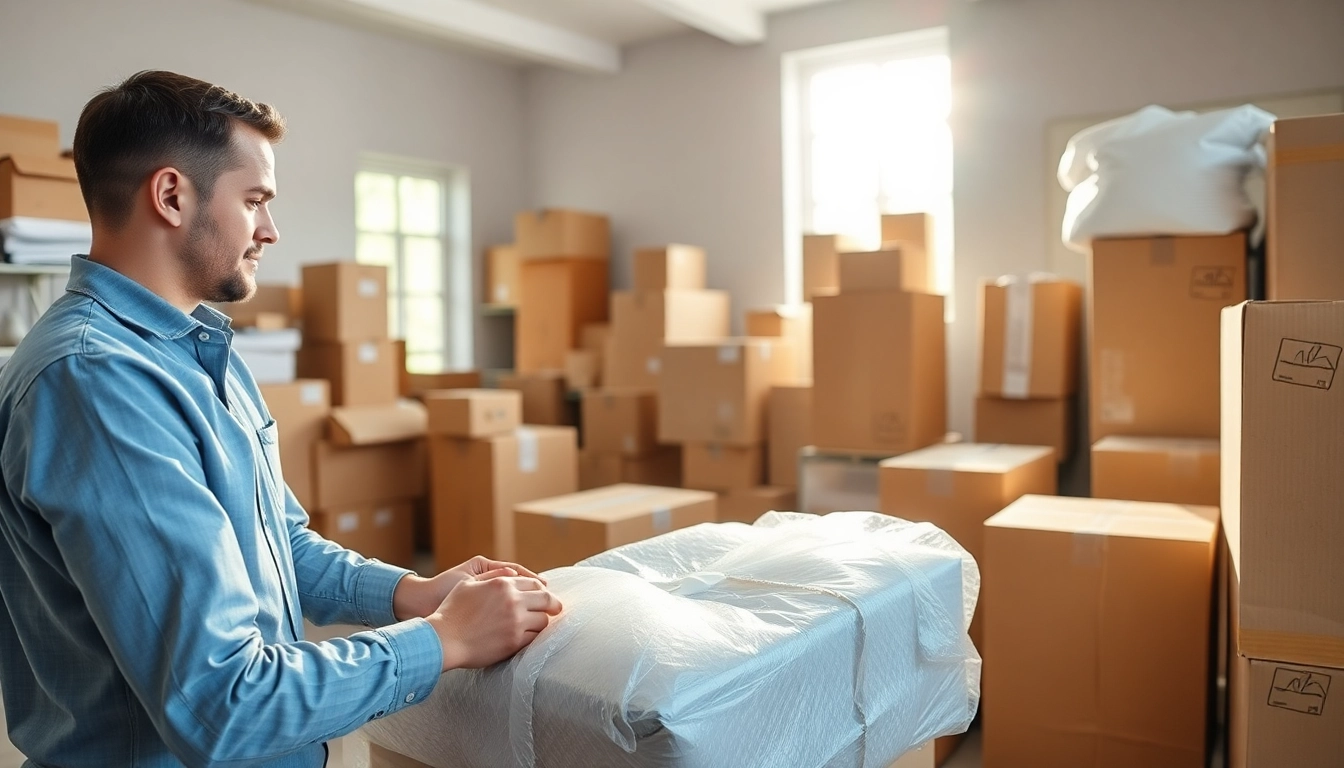 Efficient team delivering Professional Packing Services, skillfully wrapping items and arranging boxes.