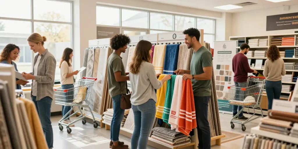 Shopsmart shopping experience highlighting diverse customers exploring sustainable products in a vibrant retail space.