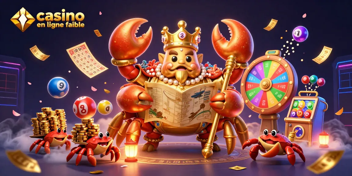 Jouez sur un casino en ligne fiable avec le crabe roi entouré de ballons de loterie et des éléments de jeu.