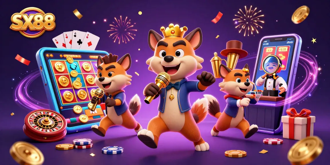 SX88 casino hyenas entertain with comedy and drinks amid vibrant gaming elements