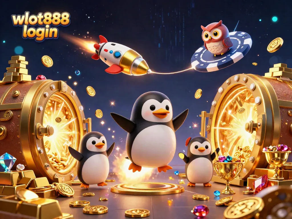 Mengakses wslot888 login dengan penguin emas ruang angkasa dan elemen kasino gemerlap.