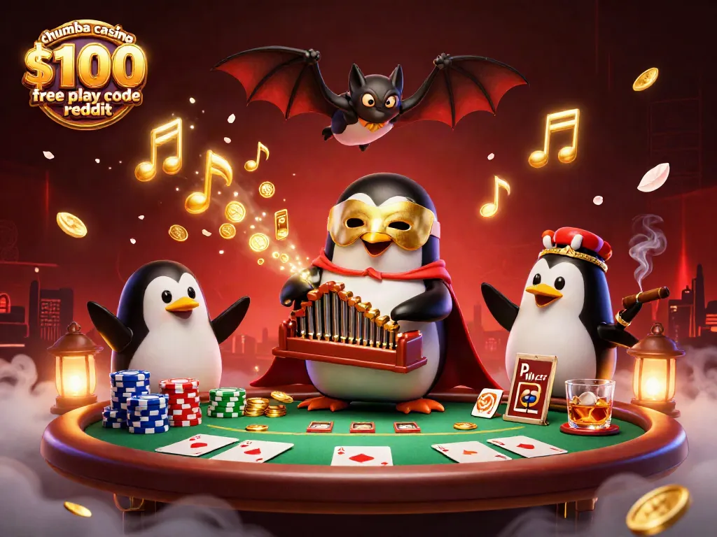 Engage with the Chumba Casino $100 free play code reddit scene featuring a penguin and golden musical coins.