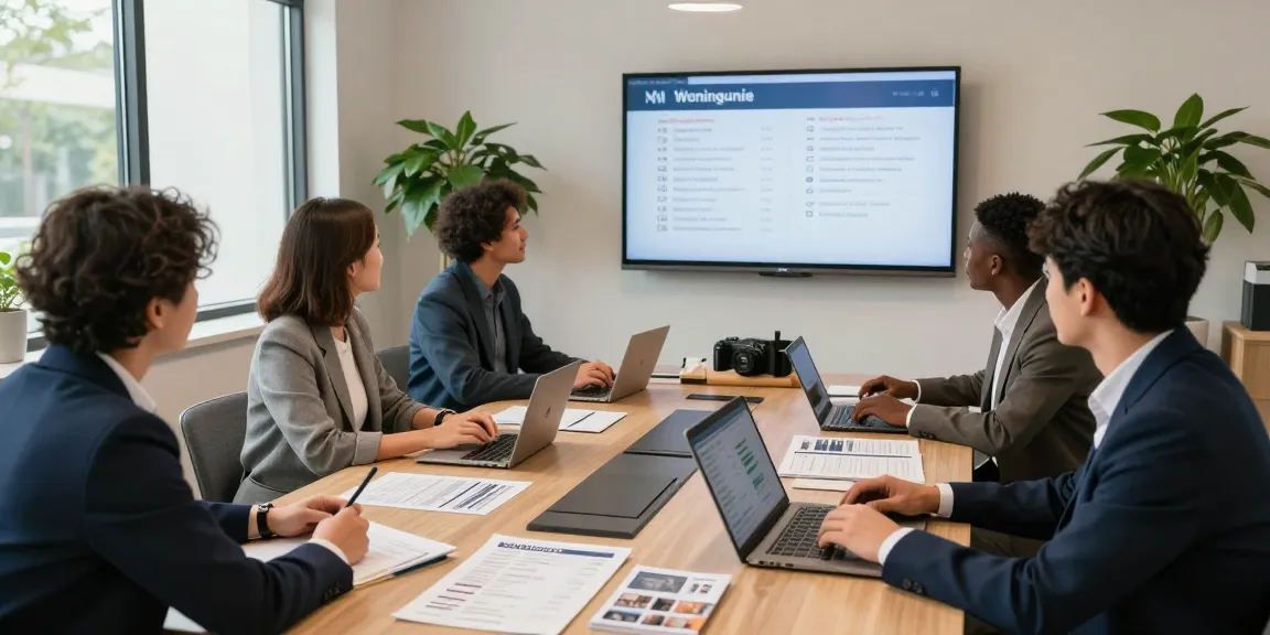 Professionals discussing woningunie housing options in a modern office setting
