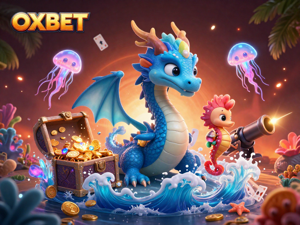 Engage with OXBET in this vibrant underwater casino scene featuring a dragon and gaming treasures.