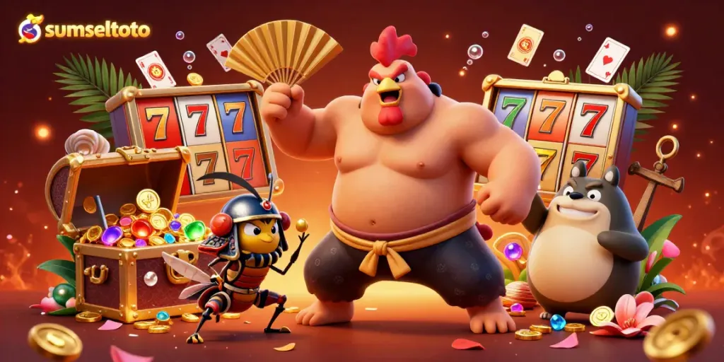 Sumseltoto presents a dynamic 3D illustration featuring a sumo rooster and samurai cricket in an action-packed casino scene.