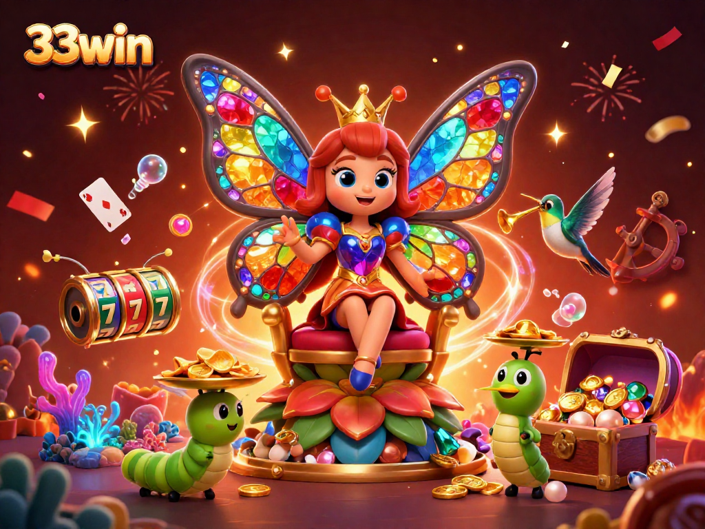 Engage with 33win's exciting casino adventure featuring a butterfly queen and vibrant slot elements.