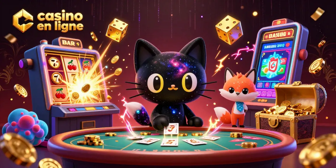 Casino en ligne : une illustration colorée mettant en scène un chat noir gravitationnel au casino.