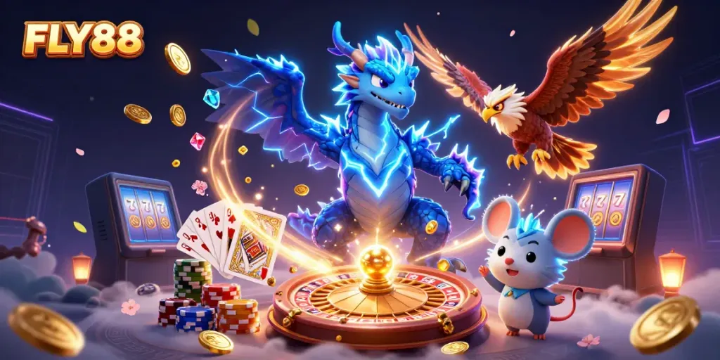 FLY88 showcases thrilling casino excitement with colorful characters and dynamic gaming elements.