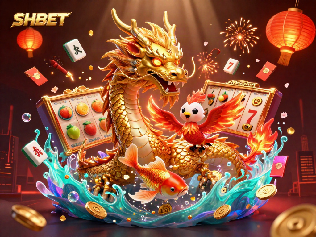 Join the action at SHBET with a vibrant 3D casino scene featuring thrilling slots and lucky symbols.