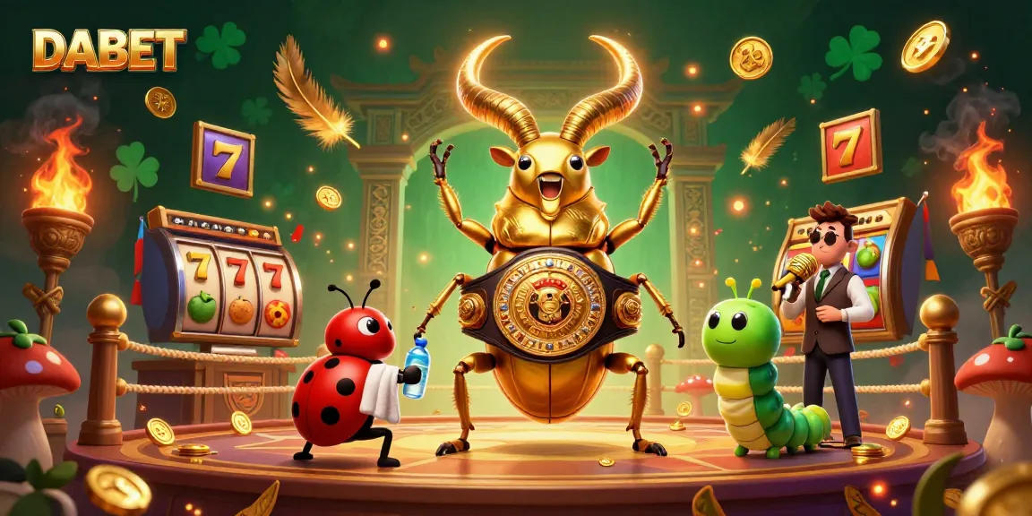DABET showcases a dynamic casino scene with a golden beetle champion, vibrant slot game elements, and energetic ambiance.