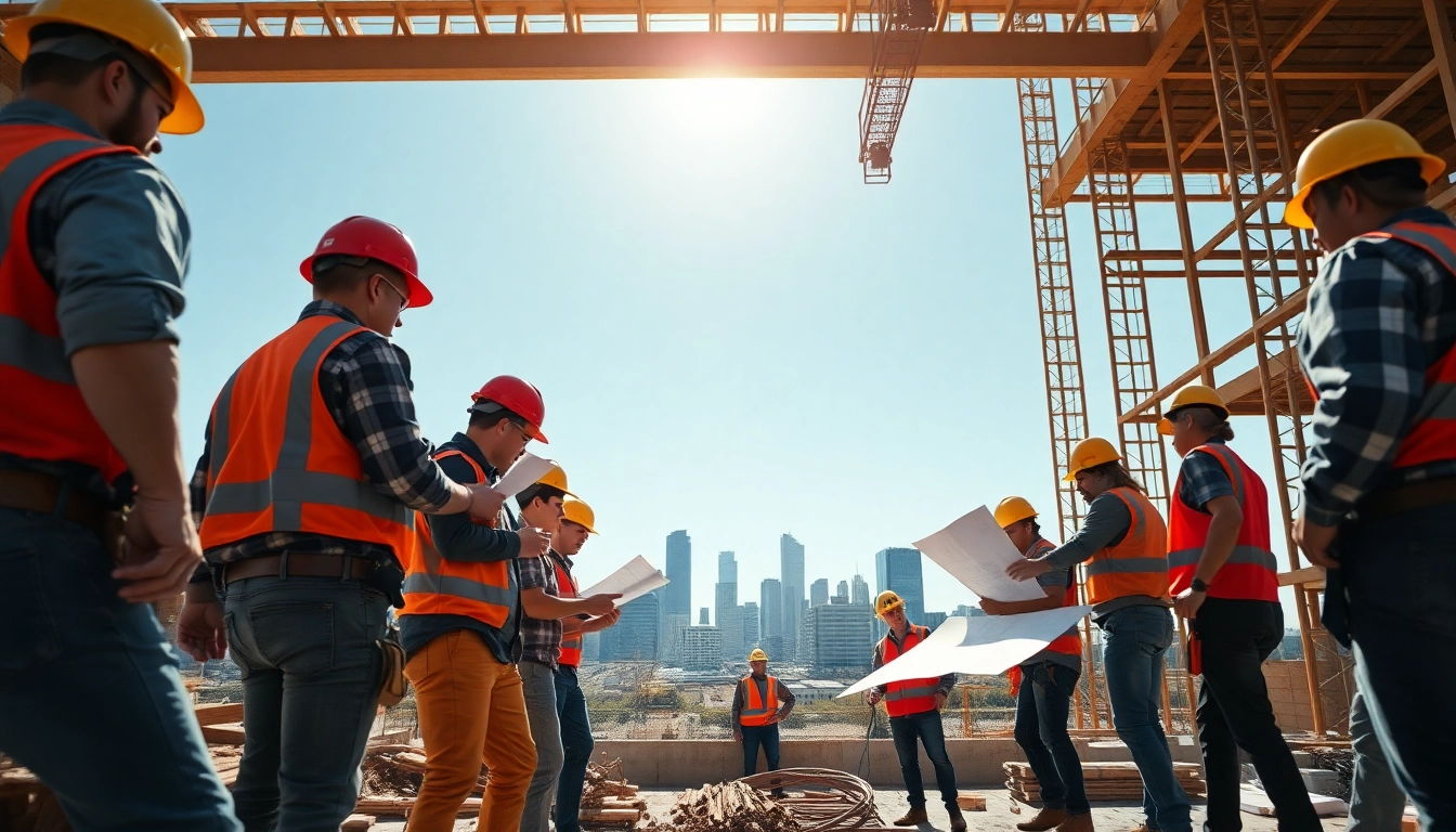Experts in commercial construction Denver Colorado collaborating on-site for a bustling new project.