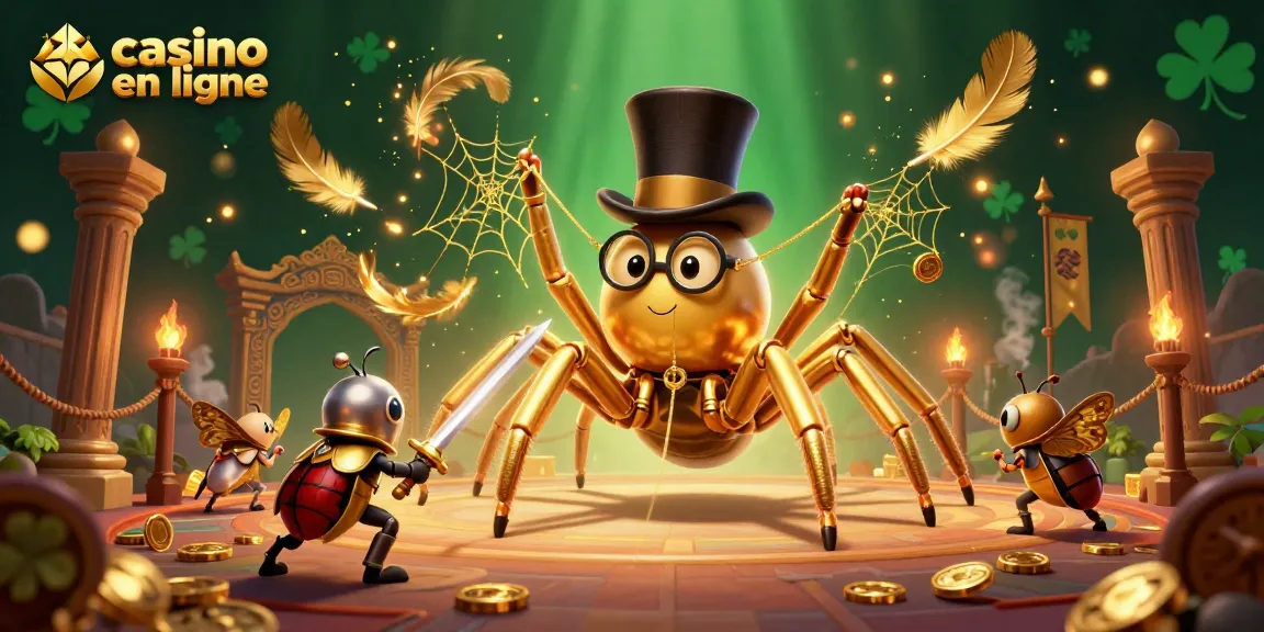Illustration animée d'un casino en ligne, avec une tarentule dorée et un chevalier escargot, entourés de pièces d'or.