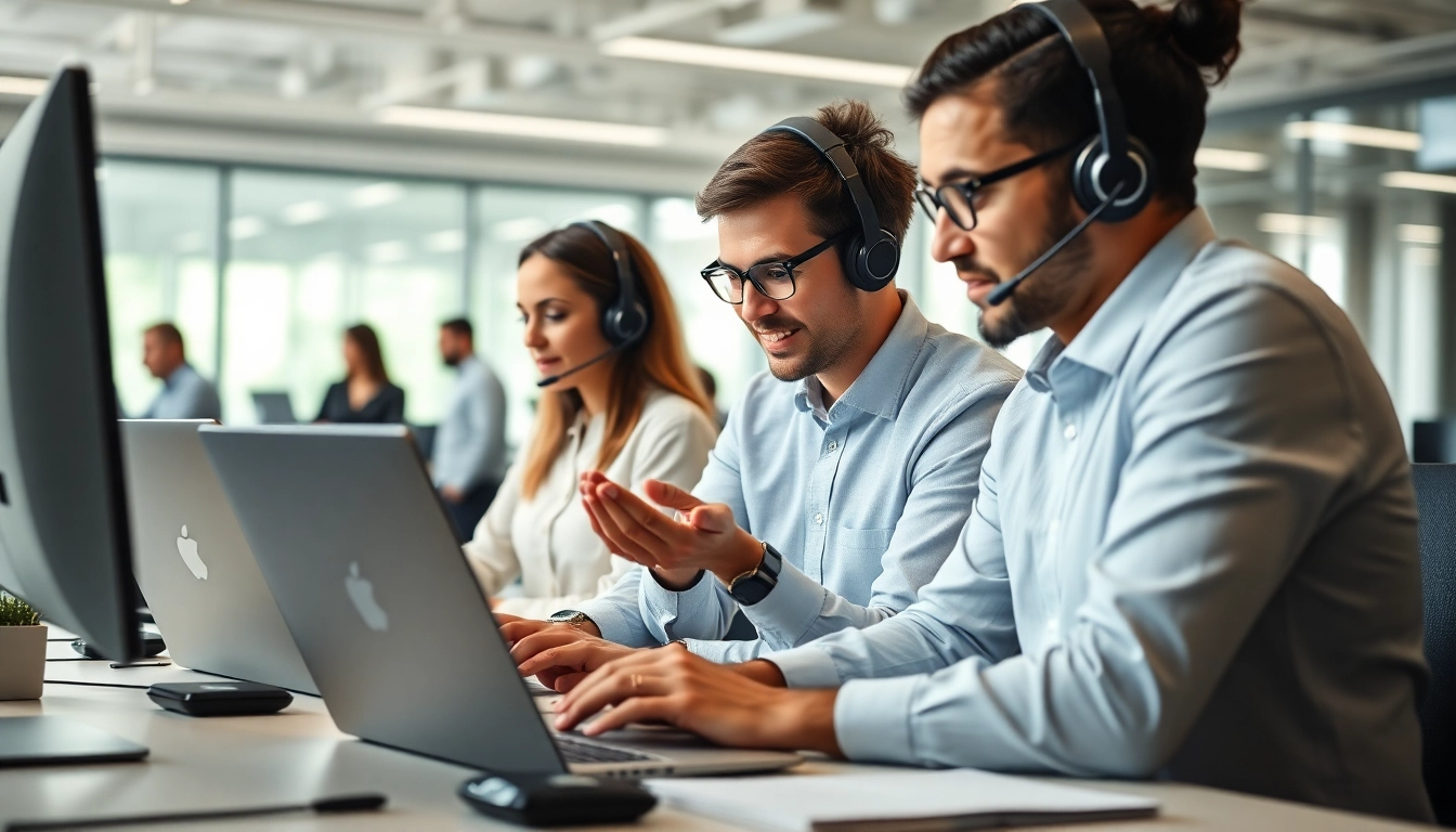 IT support businesses collaborating in a vibrant office, showcasing teamwork and technology.