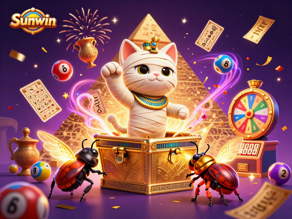 Win big with Sunwin in a vibrant casino scene featuring a mummy cat and exciting lottery elements.