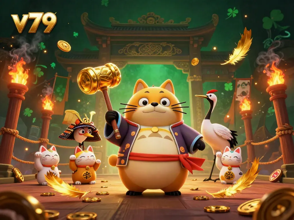Experience exciting wins with v79's cheerful lucky characters in a vibrant casino scene full of surprises.