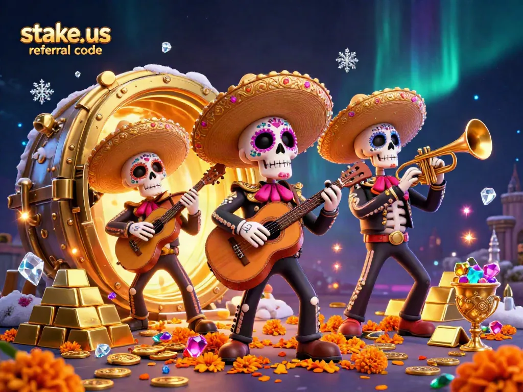 Win big with stake.us referral code in this vibrant 3D mariachi-themed casino scene.