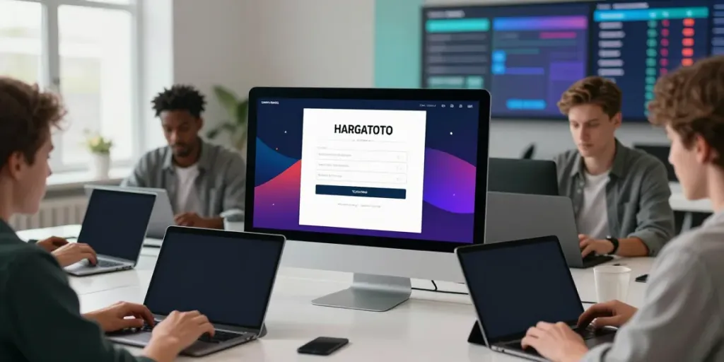 Users accessing hargatoto on various devices in a modern workspace