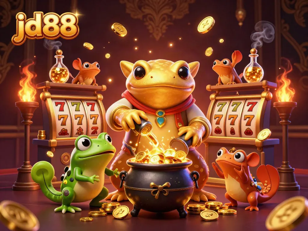 Experience winning at JD88 with a dynamic scene of a golden salamander alchemist creating riches in a casino setting.