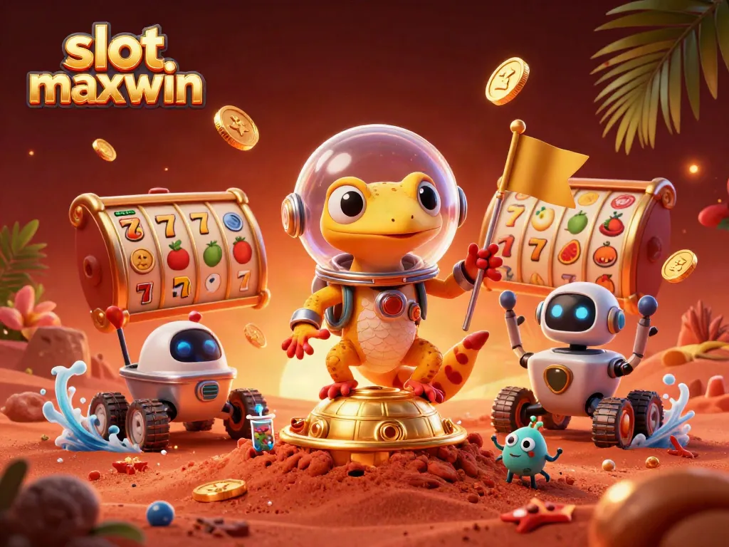Experience the thrill of slot maxwin with a Martian gecko at a golden casino under a captivating sunset.