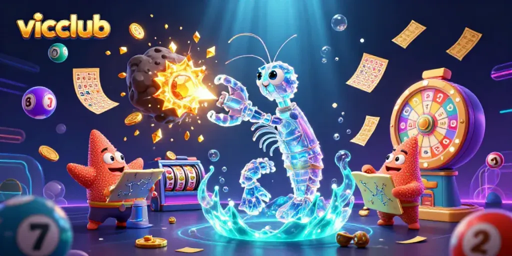 Experience the excitement of vicclub with a vibrant 3D scene featuring animated characters and dynamic casino elements.