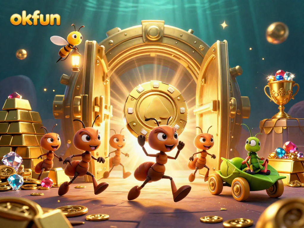 Engaging scene of okfun-themed heist with cartoon ants and golden elements for online casino excitement.