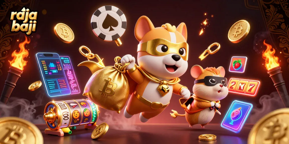 Engage in raja baji with this vibrant 3D scene featuring a superhero dog and neon gaming elements.