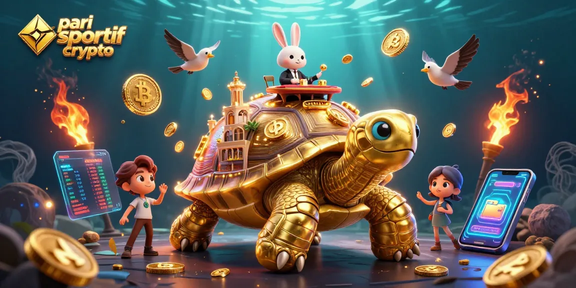 Découvrez l'univers du pari sportif crypto avec une tortue dorée et des pièces volantes.
