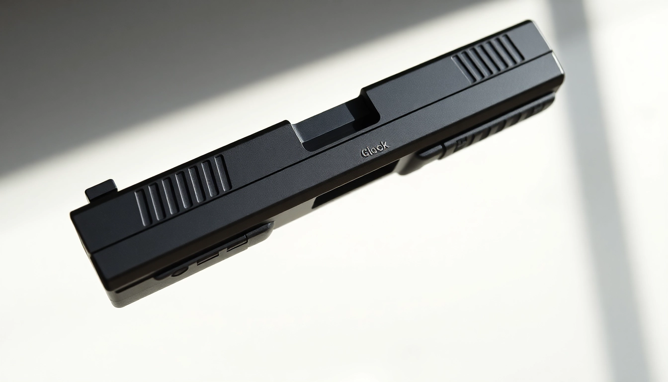 Showcasing the glock 43x mos slide with intricate details and smooth metallic texture.