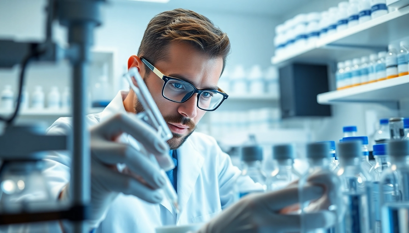 Analyze the klow peptide blend in a modern lab with glass vials and high-tech equipment.