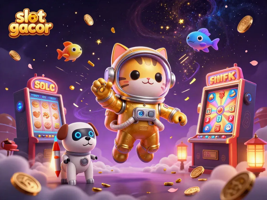 Engage with slot gacor excitement as a golden astronaut cat and robot dog explore a dynamic gambling universe.