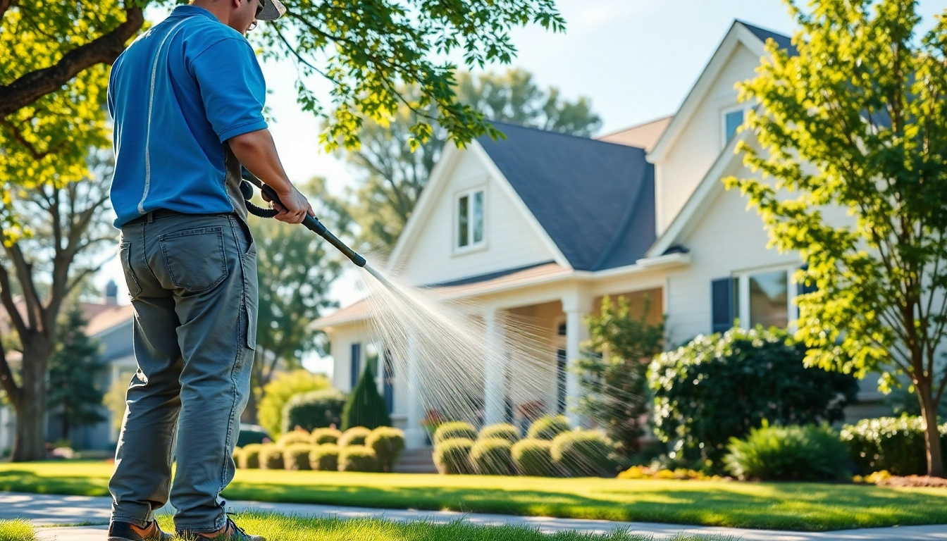 House Washing professionals cleaning a home with a pressure washer in a sunny neighborhood.