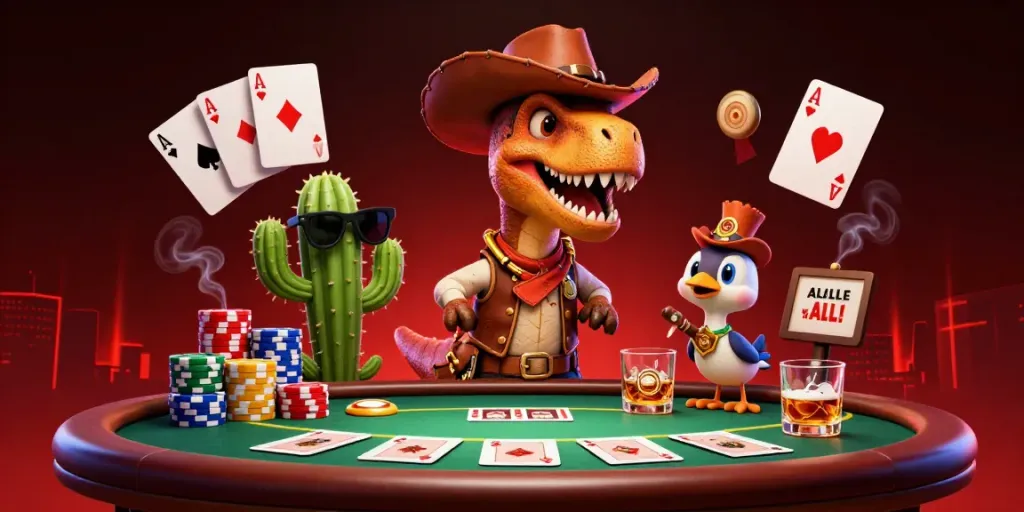 Engage in thrilling poker action at 8kbet with a T-Rex, cactus, and roadrunner in a dynamic casino scene.
