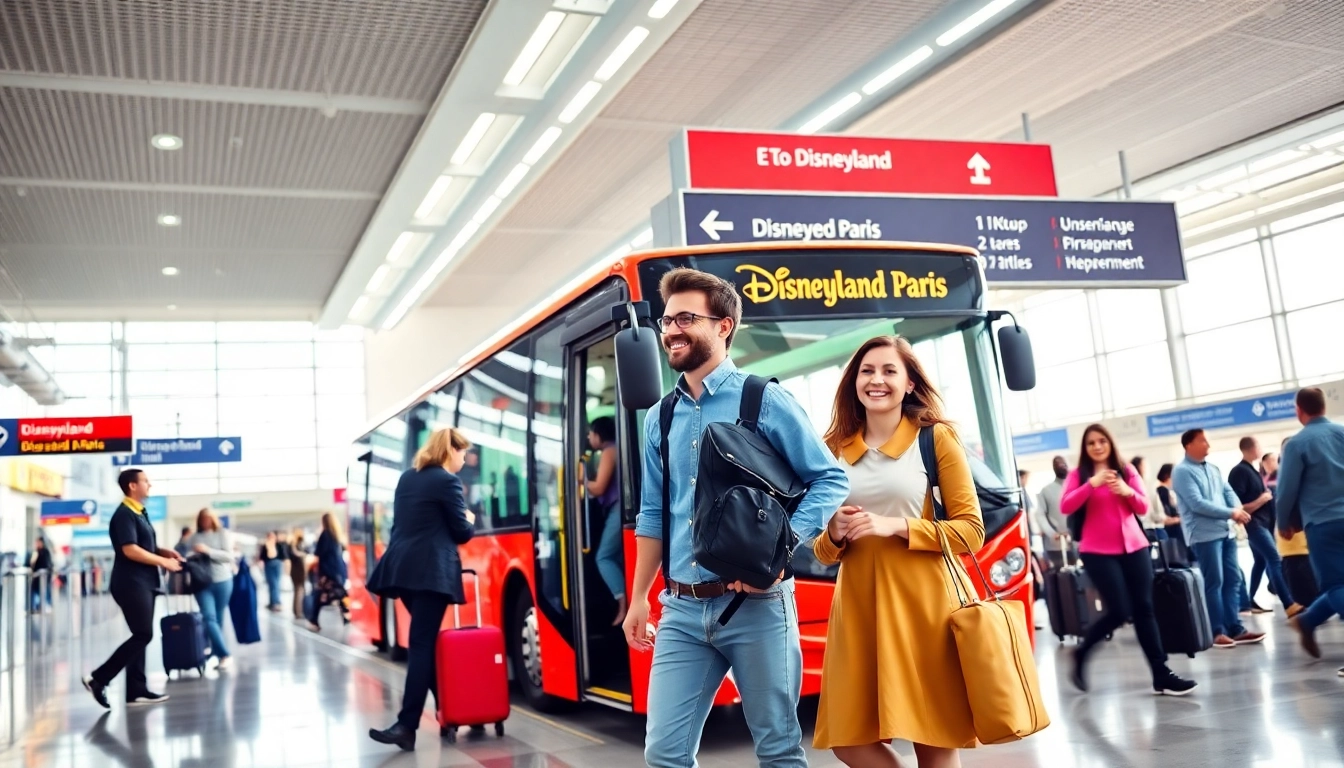 Boarding bus from Disneyland Paris to airport for a joyful family trip.